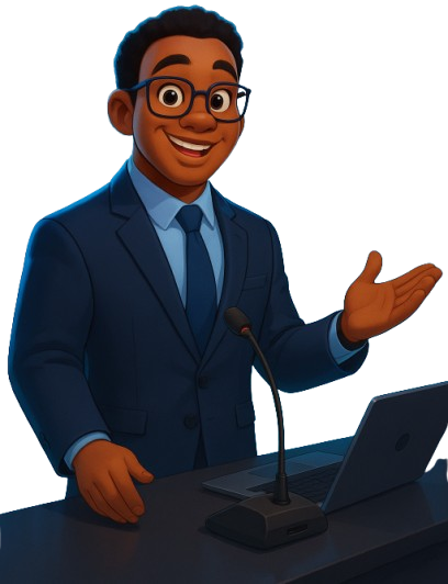 Personnage TengaData en costume, au pupitre, qui présente.