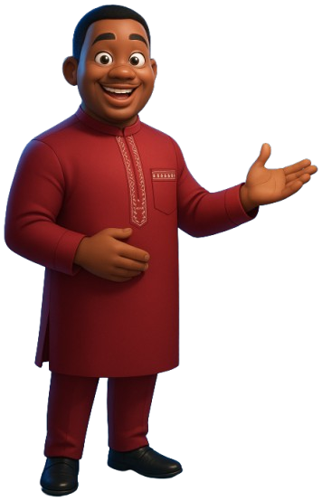 Personnage TengaData en boubou bordeaux, souriant, la main ouverte.