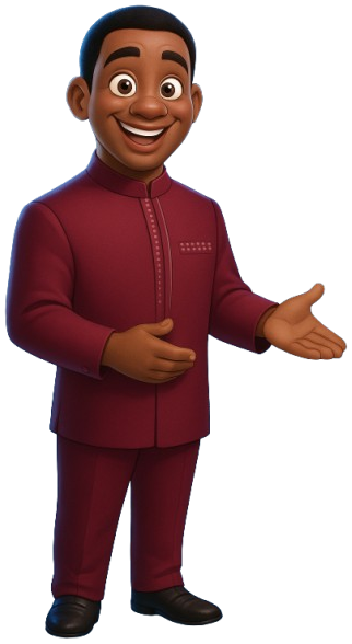 Personnage TengaData en boubou bordeaux, qui présente d’une main ouverte.